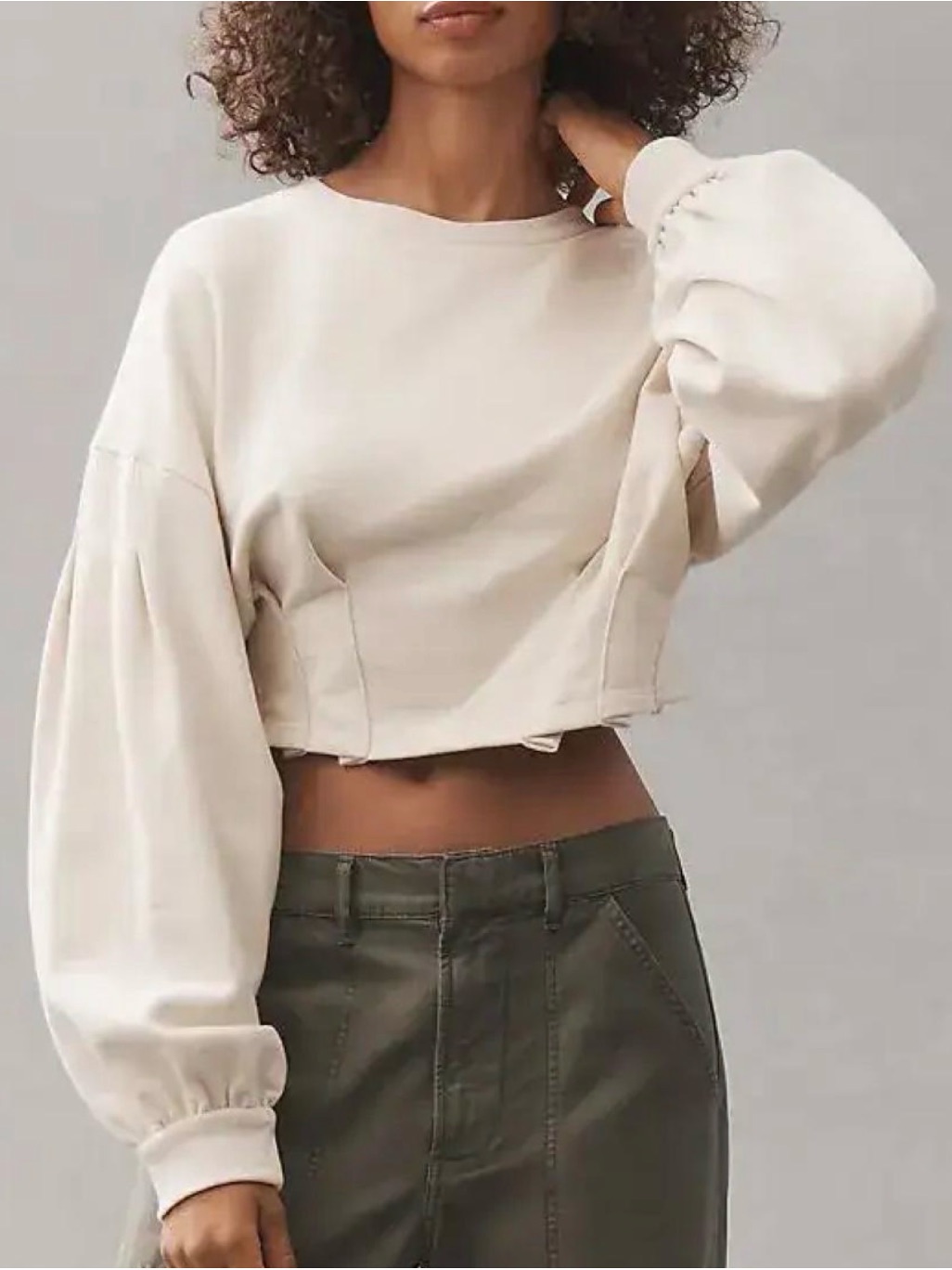 Anthropologie Cream Cropped Balloon-Sleeve Top